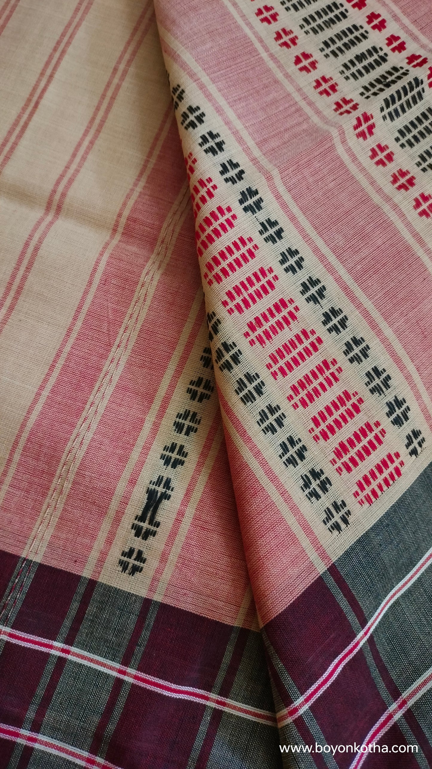 Rhythm in Sand - Beige Dhonekhali Handloom Cotton Saree with Red and Black Woven Stripes