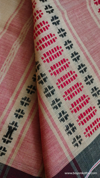 Rhythm in Sand - Beige Dhonekhali Handloom Cotton Saree with Red and Black Woven Stripes