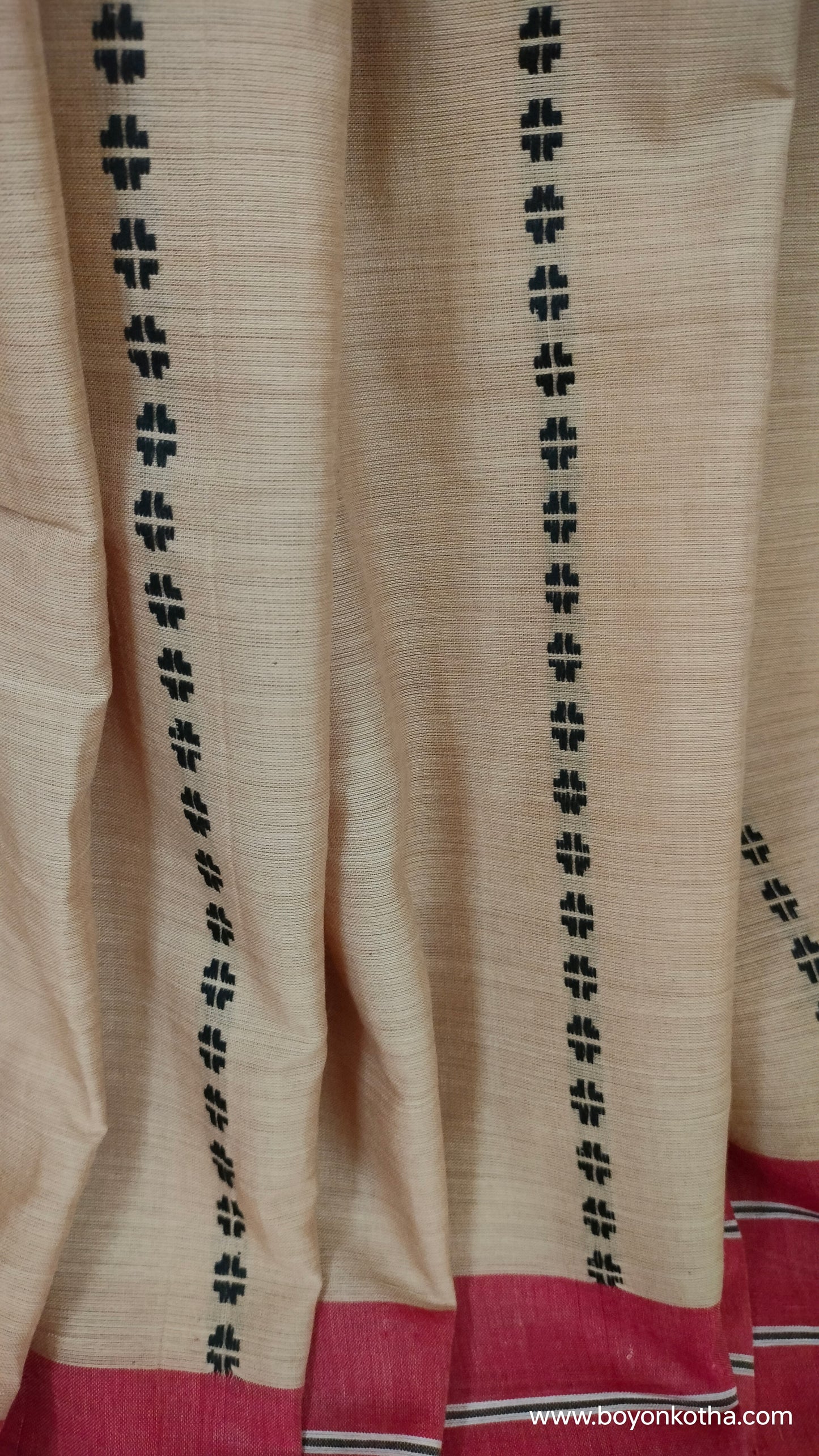 Rhythm in Sand - Beige Dhonekhali Handloom Cotton Saree with Red and Black Woven Stripes