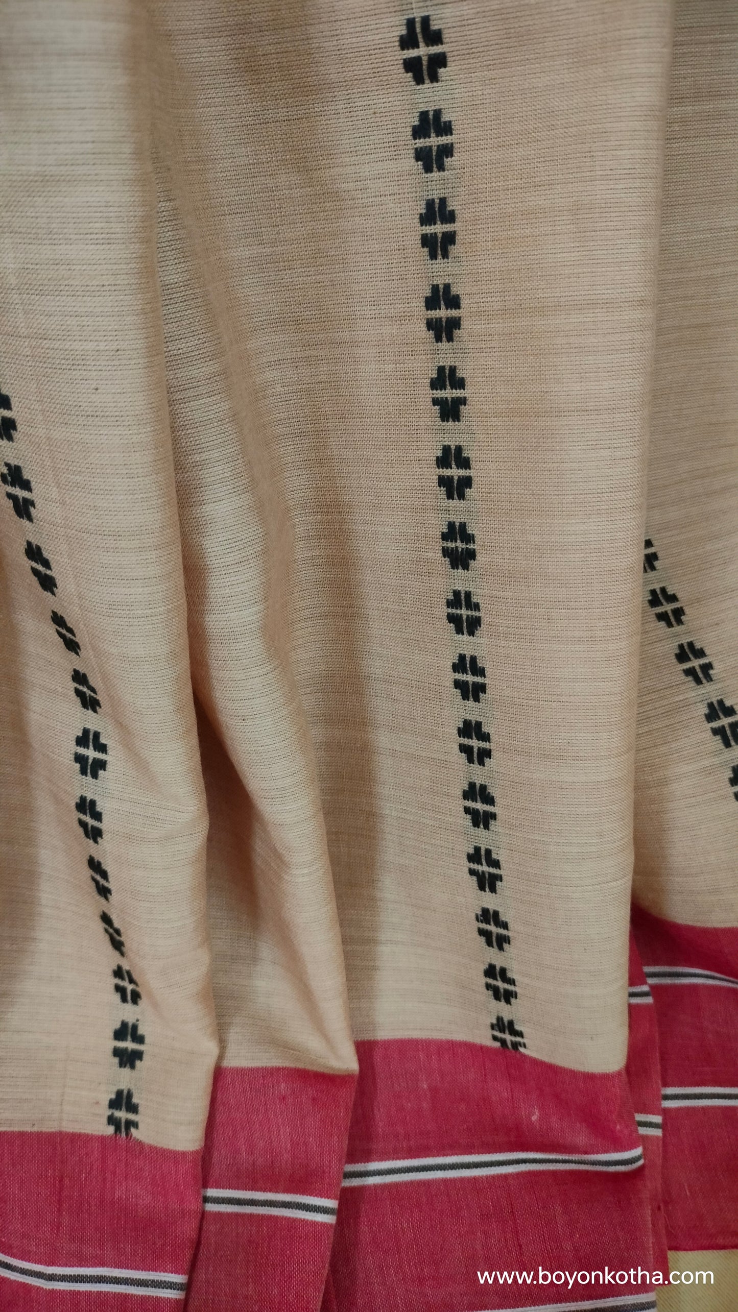Rhythm in Sand - Beige Dhonekhali Handloom Cotton Saree with Red and Black Woven Stripes