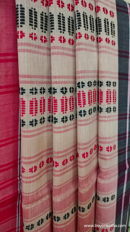 Rhythm in Sand - Beige Dhonekhali Handloom Cotton Saree with Red and Black Woven Stripes