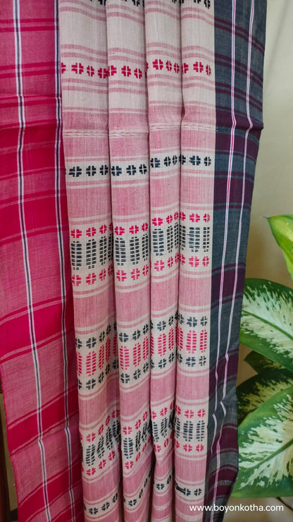 Rhythm in Sand - Beige Dhonekhali Handloom Cotton Saree with Red and Black Woven Stripes