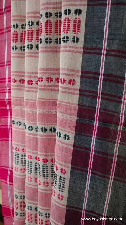 Rhythm in Sand - Beige Dhonekhali Handloom Cotton Saree with Red and Black Woven Stripes