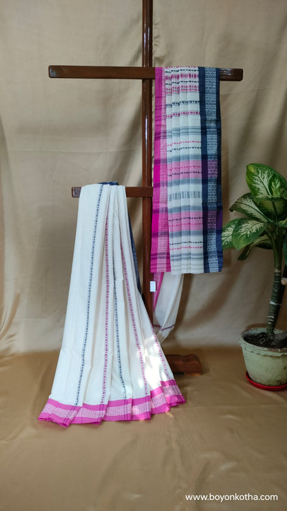 Off-white handloom saree with pink and blue woven motifs