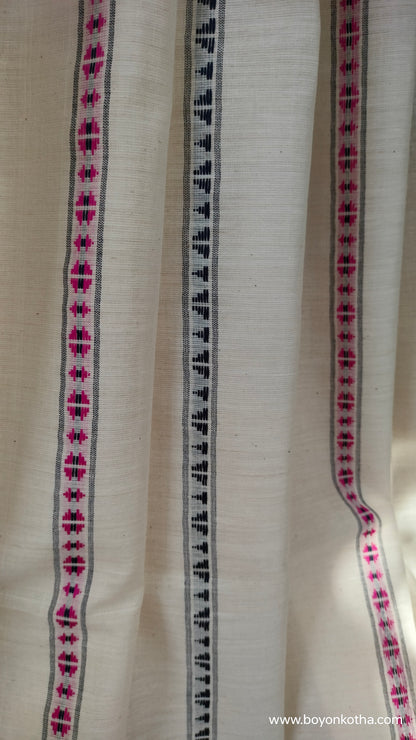 Off-white handloom saree with pink and blue woven motifs
