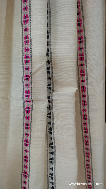 Off-white handloom saree with pink and blue woven motifs