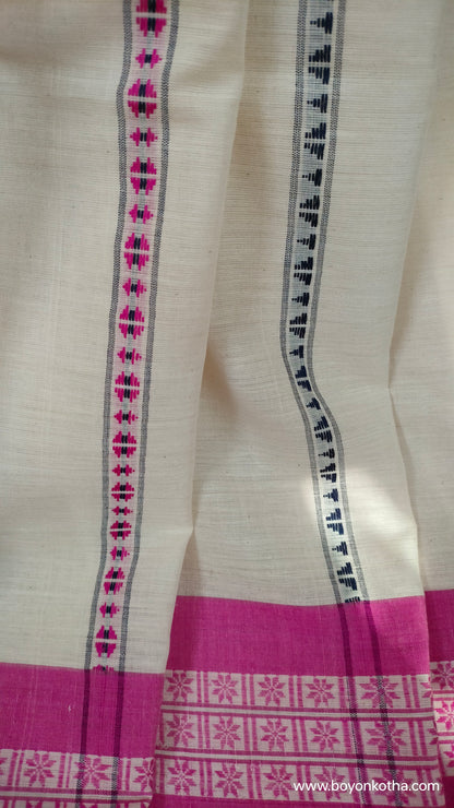 Off-white handloom saree with pink and blue woven motifs