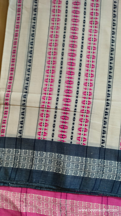 Off-white Bengali handloom saree with pink and blue woven motifs