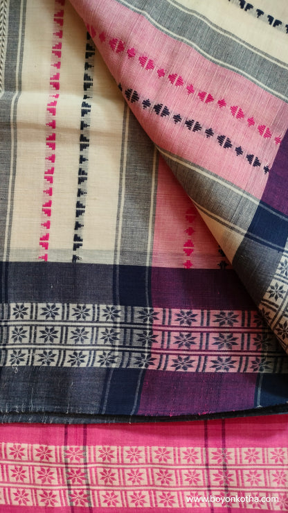 Off-white handloom saree with pink and blue woven motifs