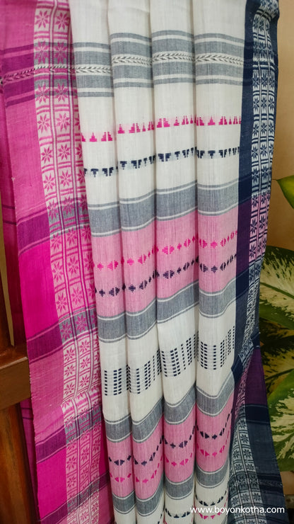 Off-white handloom saree with pink and blue woven motifs