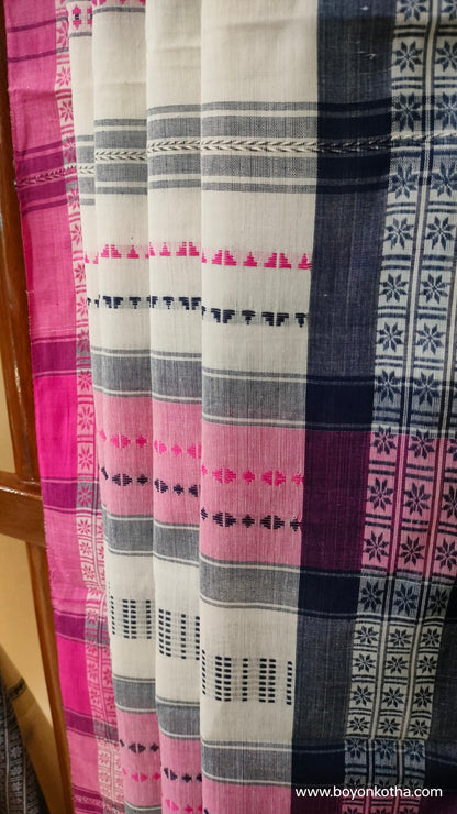 Off-white handloom saree with pink and blue woven motifs