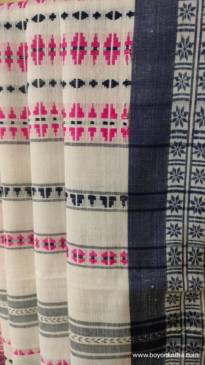Off-white handloom saree with pink and blue woven motifs, Dhonekhali saree