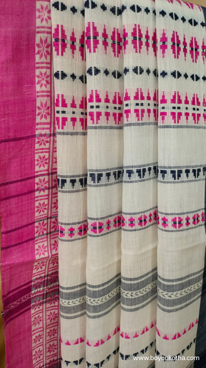 Off-white handloom saree with pink and blue woven motifs