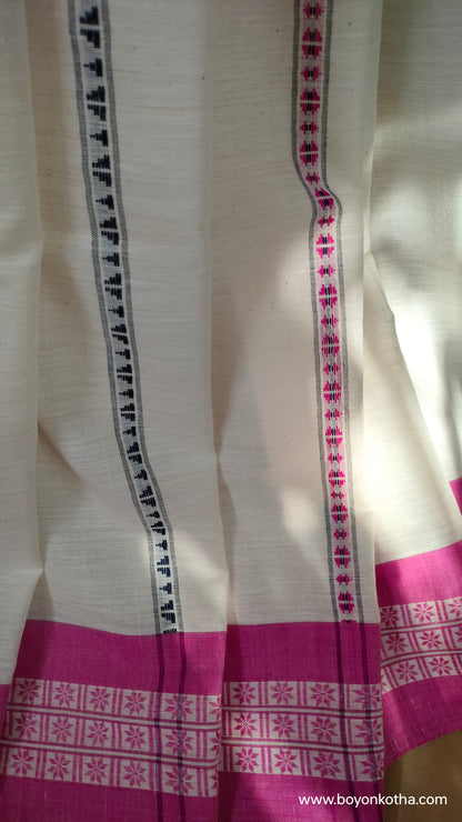 Off-white handloom saree with pink and blue woven motifs