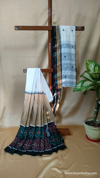 Grey Blossom - Multicolor (White, Beige, Black) Dhonekhali Handloom Cotton Saree with Ikat Accents