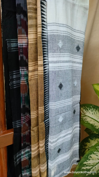 Grey Blossom - Multicolor (White, Beige, Black) Dhonekhali Handloom Cotton Saree with Ikat Accents