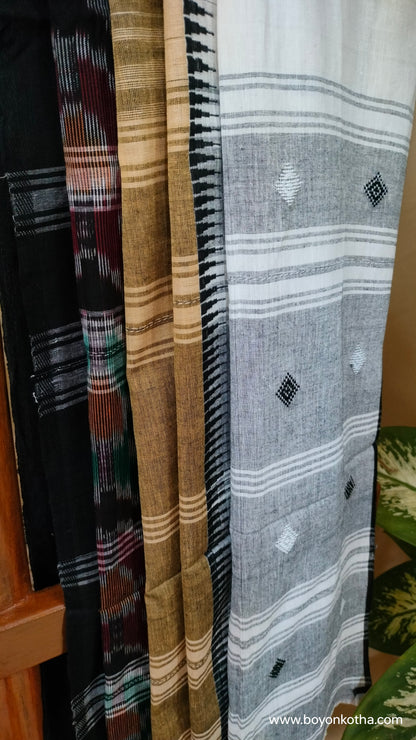 Grey Blossom - Multicolor (White, Beige, Black) Dhonekhali Handloom Cotton Saree with Ikat Accents