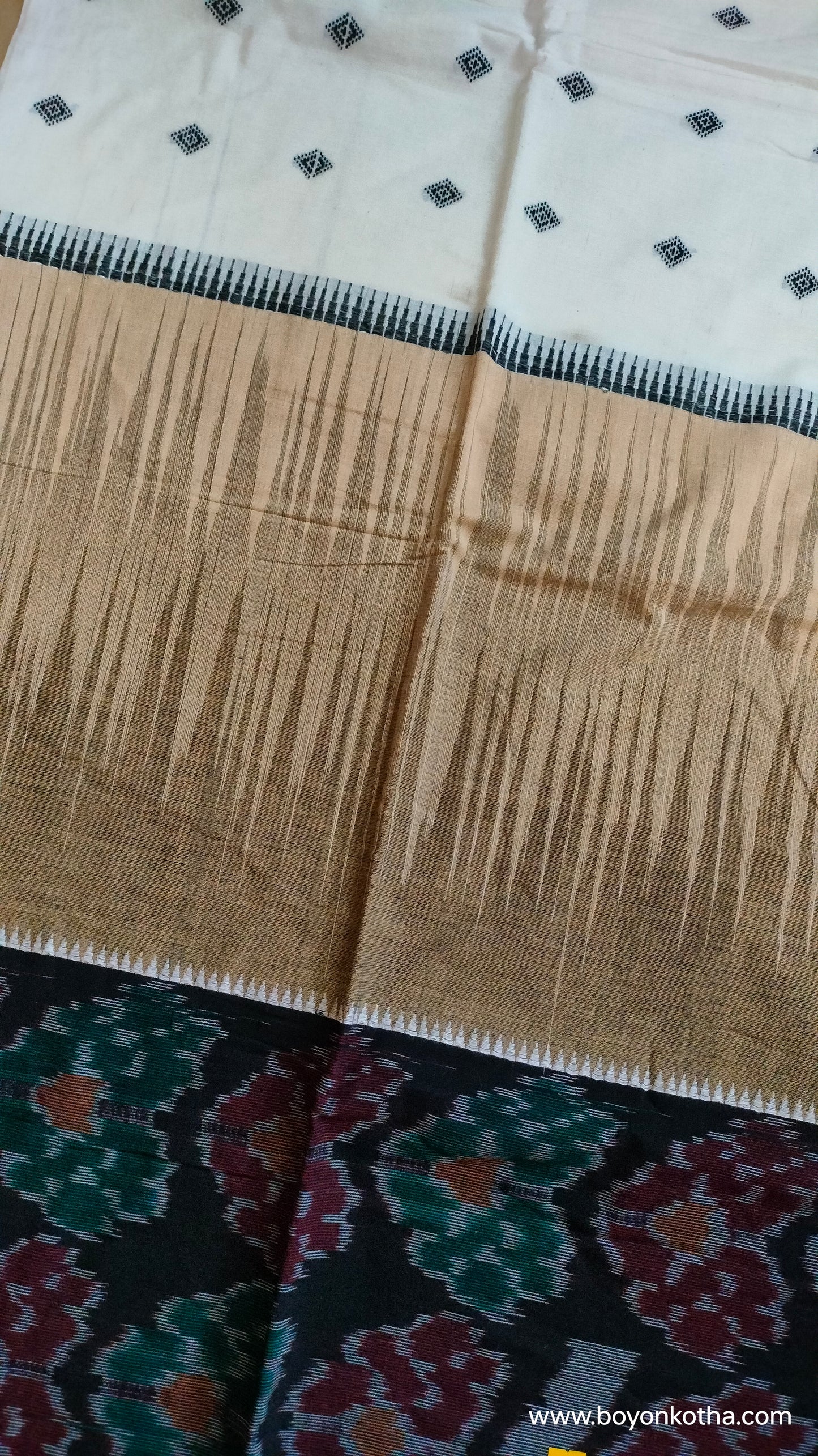 Grey Blossom - Multicolor (White, Beige, Black) Dhonekhali Handloom Cotton Saree with Ikat Accents