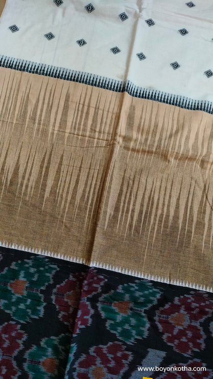 Grey Blossom - Multicolor (White, Beige, Black) Dhonekhali Handloom Cotton Saree with Ikat Accents