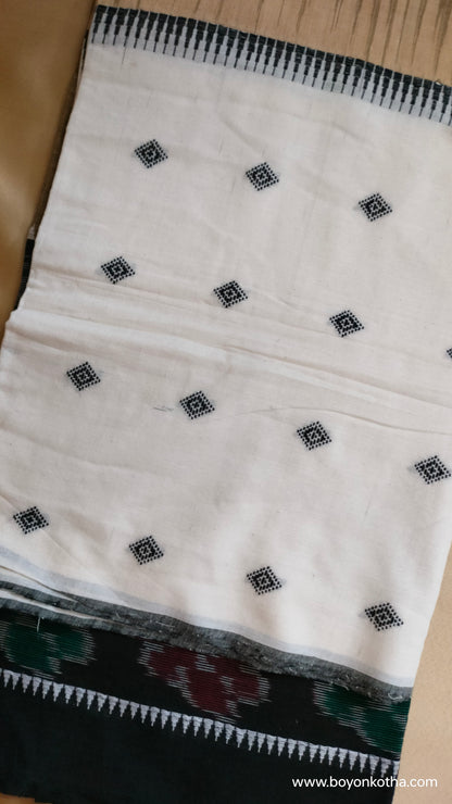 Grey Blossom - Multicolor (White, Beige, Black) Dhonekhali Handloom Cotton Saree with Ikat Accents