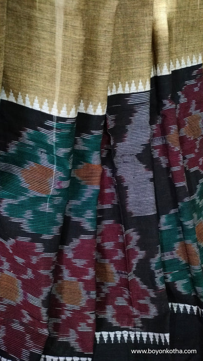 Grey Blossom - Multicolor (White, Beige, Black) Dhonekhali Handloom Cotton Saree with Ikat Accents