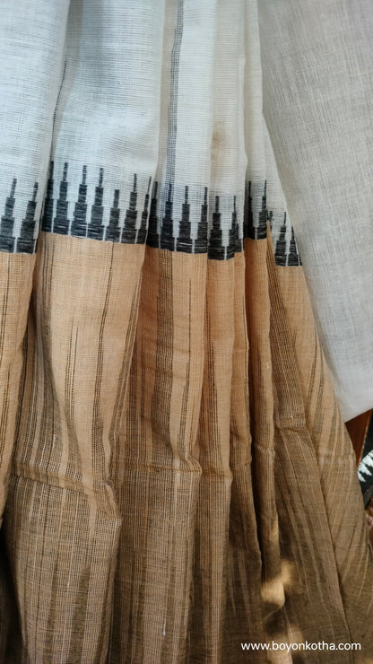 Grey Blossom - Multicolor (White, Beige, Black) Dhonekhali Handloom Cotton Saree with Ikat Accents