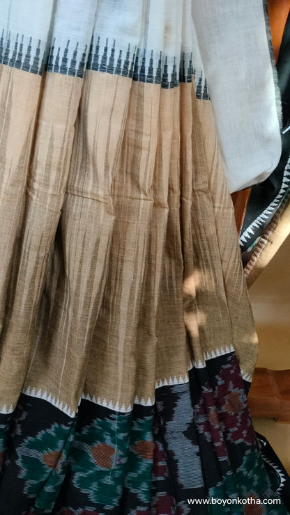 Grey Blossom - Multicolor (White, Beige, Black) Dhonekhali Handloom Cotton Saree with Ikat Accents