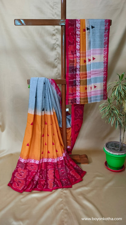 The Fireborn Muse - Multicolor (Grey, Yellow, Maroon) Dhonekhali Handloom Cotton Saree with Ikat Accents