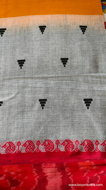 The Fireborn Muse - Multicolor (Grey, Yellow, Maroon) Dhonekhali Handloom Cotton Saree with Ikat Accents