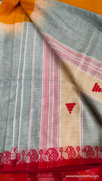 The Fireborn Muse - Multicolor (Grey, Yellow, Maroon) Dhonekhali Handloom Cotton Saree with Ikat Accents