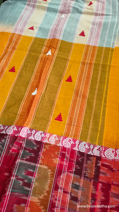 The Fireborn Muse - Multicolor (Grey, Yellow, Maroon) Dhonekhali Handloom Cotton Saree with Ikat Accents
