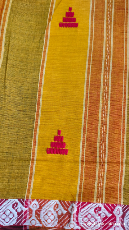 The Fireborn Muse - Multicolor (Grey, Yellow, Maroon) Dhonekhali Handloom Cotton Saree with Ikat Accents