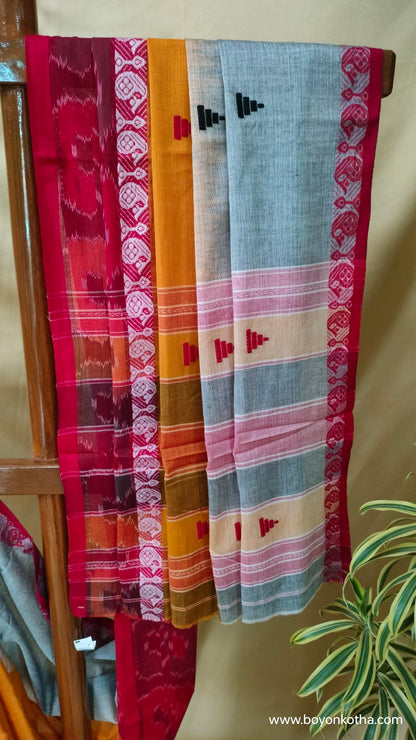 The Fireborn Muse - Multicolor (Grey, Yellow, Maroon) Dhonekhali Handloom Cotton Saree with Ikat Accents