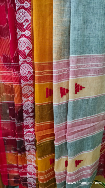 The Fireborn Muse - Multicolor (Grey, Yellow, Maroon) Dhonekhali Handloom Cotton Saree with Ikat Accents