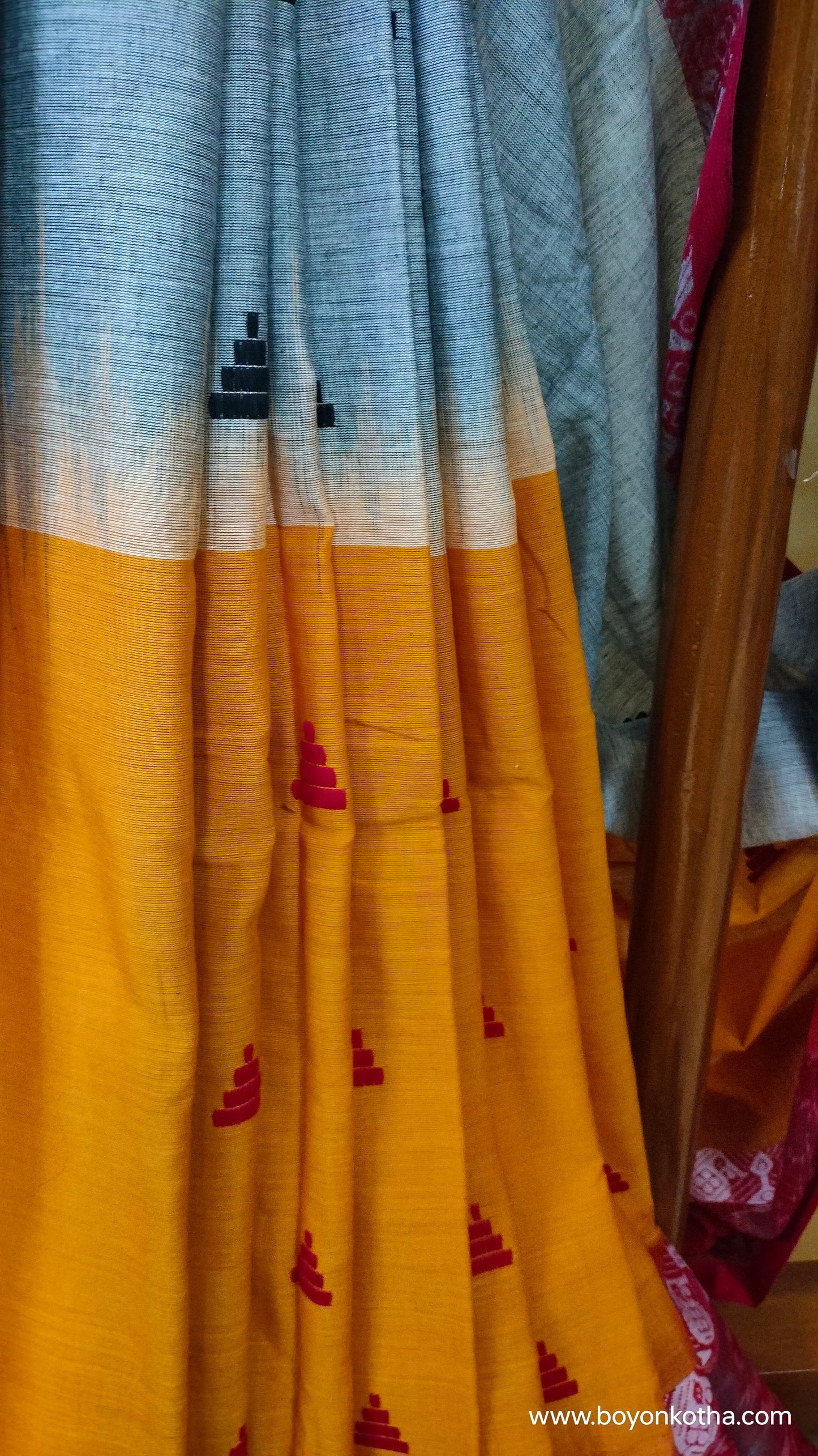 The Fireborn Muse - Multicolor (Grey, Yellow, Maroon) Dhonekhali Handloom Cotton Saree with Ikat Accents
