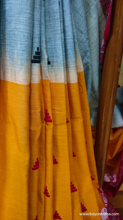 The Fireborn Muse - Multicolor (Grey, Yellow, Maroon) Dhonekhali Handloom Cotton Saree with Ikat Accents