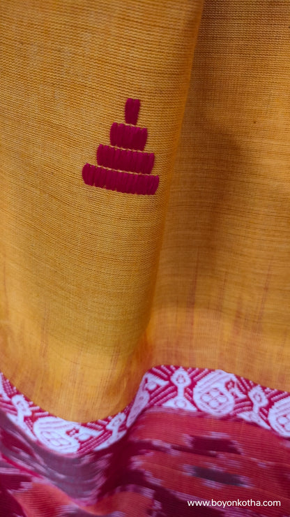 The Fireborn Muse - Multicolor (Grey, Yellow, Maroon) Dhonekhali Handloom Cotton Saree with Ikat Accents