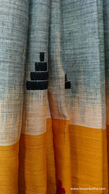 The Fireborn Muse - Multicolor (Grey, Yellow, Maroon) Dhonekhali Handloom Cotton Saree with Ikat Accents