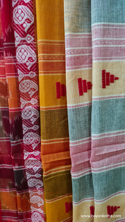 The Fireborn Muse - Multicolor (Grey, Yellow, Maroon) Dhonekhali Handloom Cotton Saree with Ikat Accents