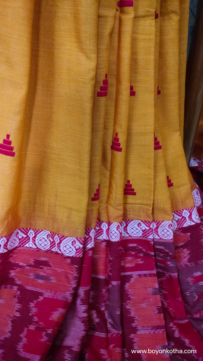 The Fireborn Muse - Multicolor (Grey, Yellow, Maroon) Dhonekhali Handloom Cotton Saree with Ikat Accents