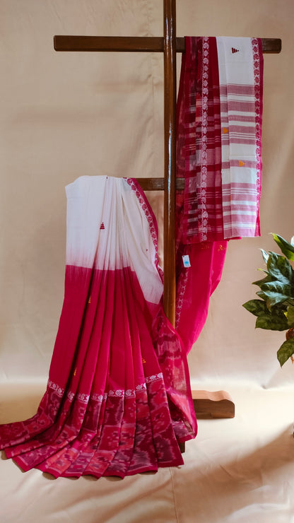 Raktabaran - White and Red Dhonekhali Handwoven Cotton Saree with Ikat-style Woven Border