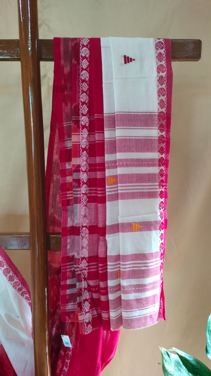 Raktabaran - White and Red Dhonekhali Handwoven Cotton Saree with Ikat-style Woven Border