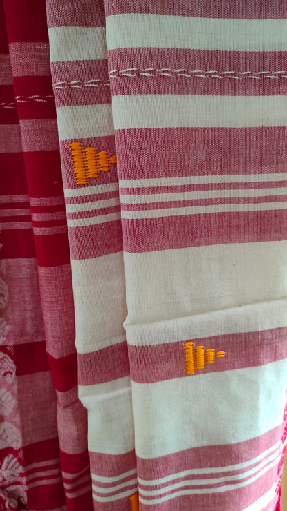 Raktabaran - White and Red Dhonekhali Handwoven Cotton Saree with Ikat-style Woven Border