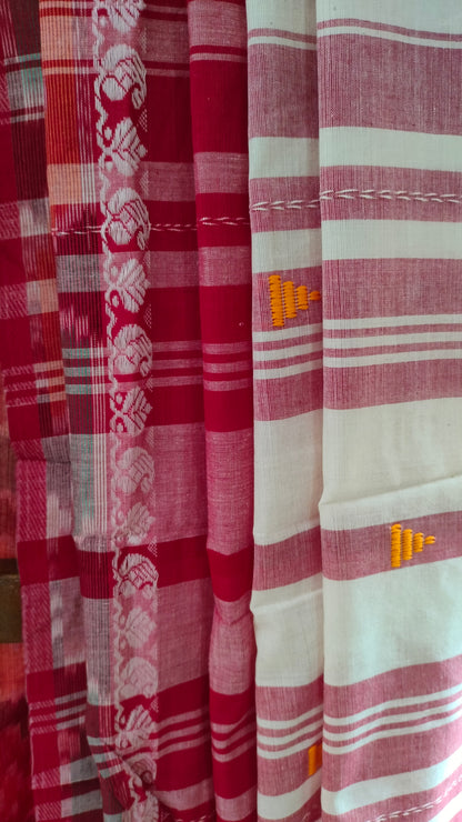 Raktabaran - White and Red Dhonekhali Handwoven Cotton Saree with Ikat-style Woven Border