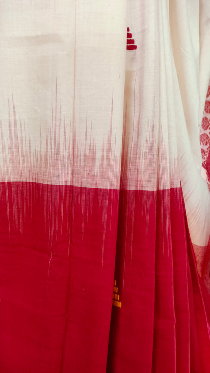 Raktabaran - White and Red Dhonekhali Handwoven Cotton Saree with Ikat-style Woven Border