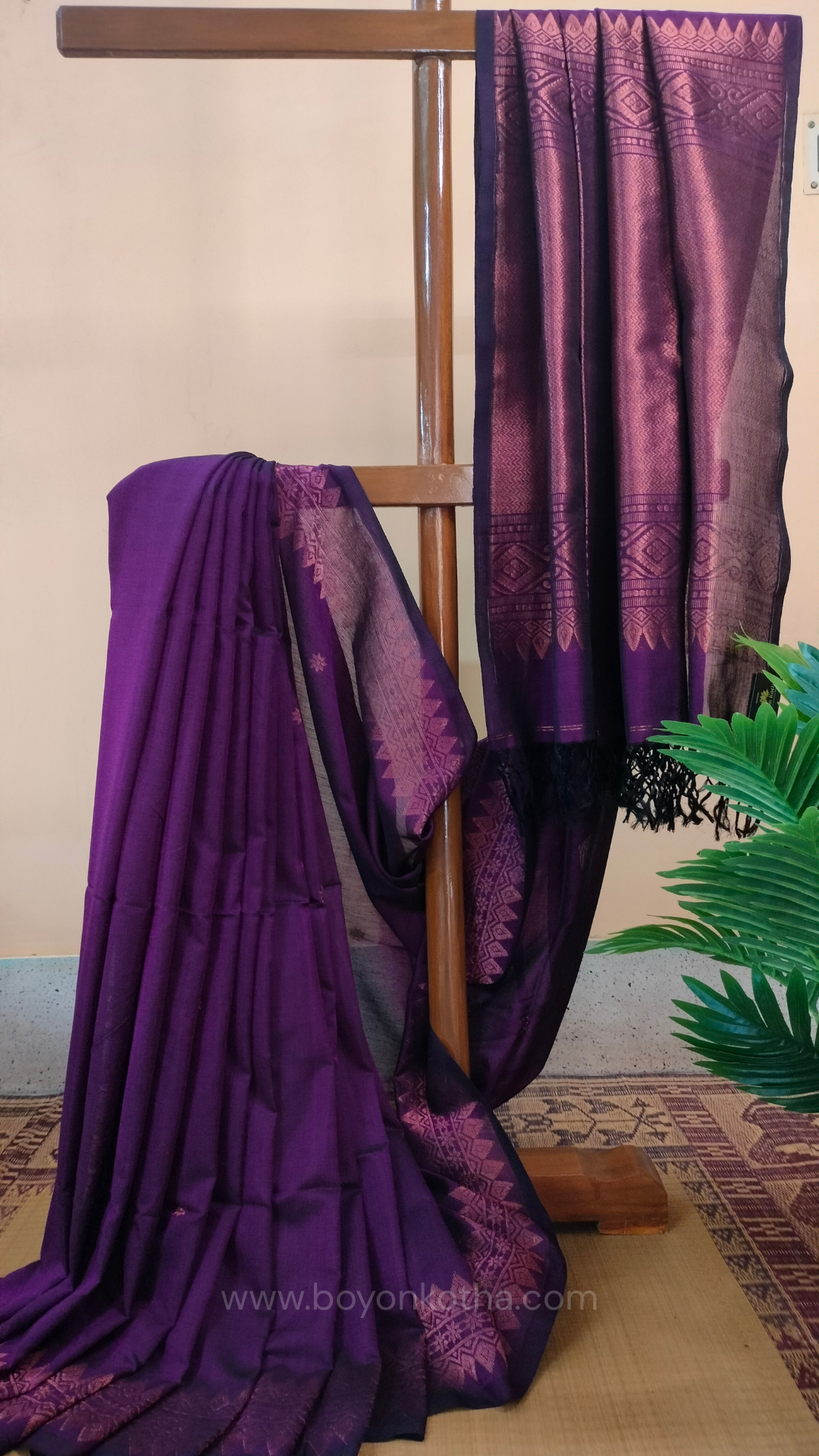 Purple saree, mercerized cotton saree, with copper zari work, Bengal handloom