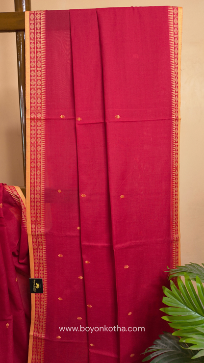 Tomato red Dhonekhali handloom cotton saree with beige border and butas in the saree, Ideal for office wear, casual gathering.