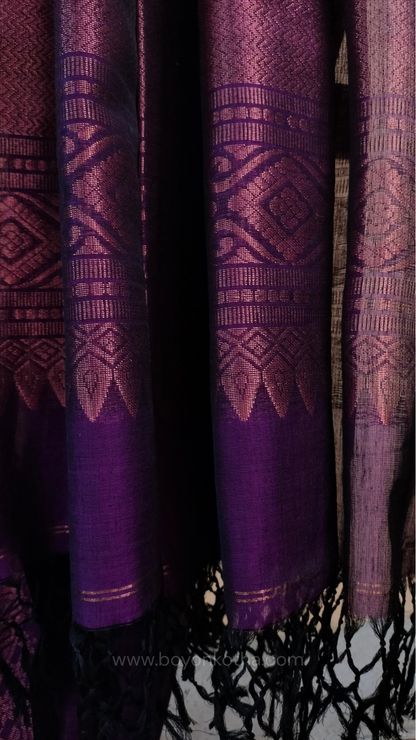Purple saree, mercerized cotton saree, with copper zari work, Bengal handloom