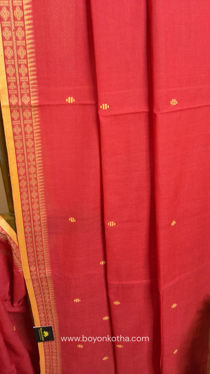 Tomato red Dhonekhali handloom cotton saree with beige border and butas in the saree, Ideal for office wear, casual gathering.