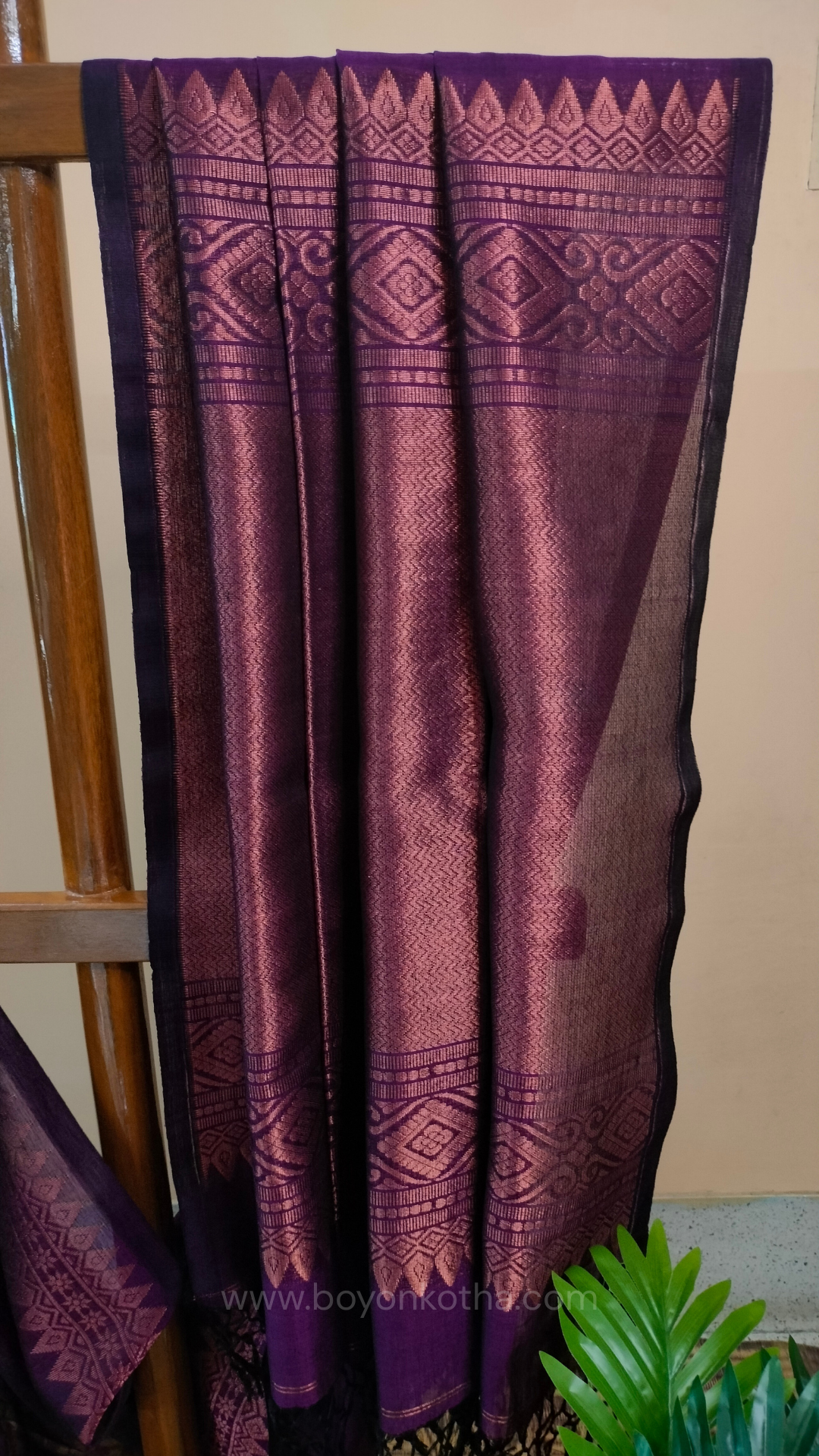 Purple saree, mercerized cotton saree, with copper zari work, Bengal handloom